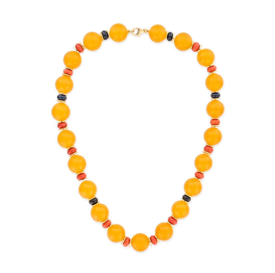 Vintage Certified Orange Quartz Bead Necklace with Coral, Onyx and 14K Gold-Filled Spacers