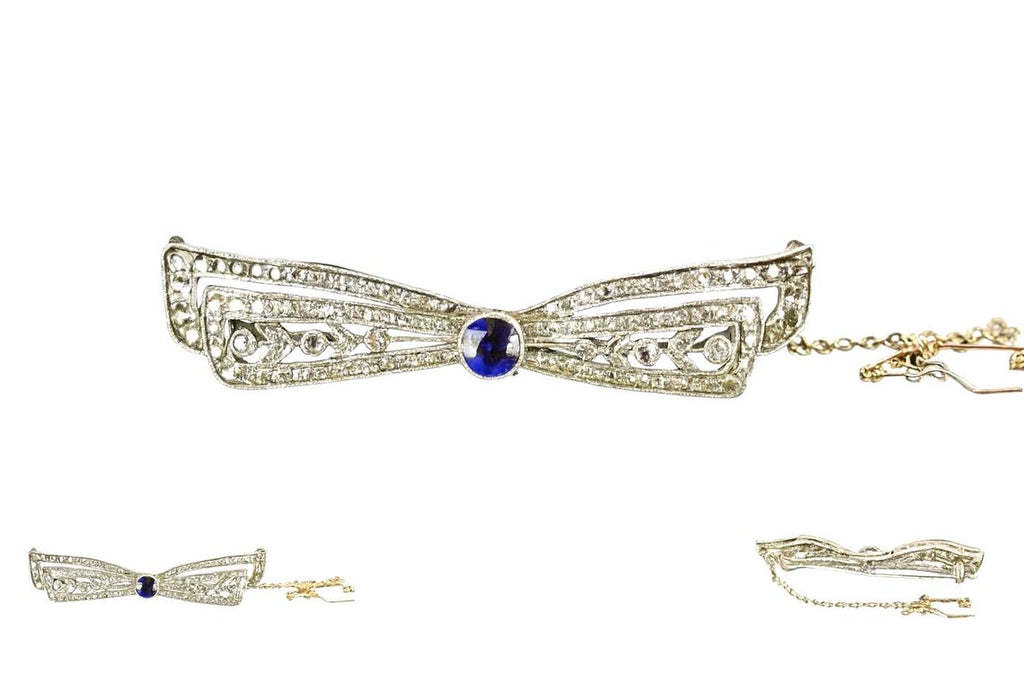 ART DECO DIAMONDS & Sapphire Ribbon Brooch c1920’s