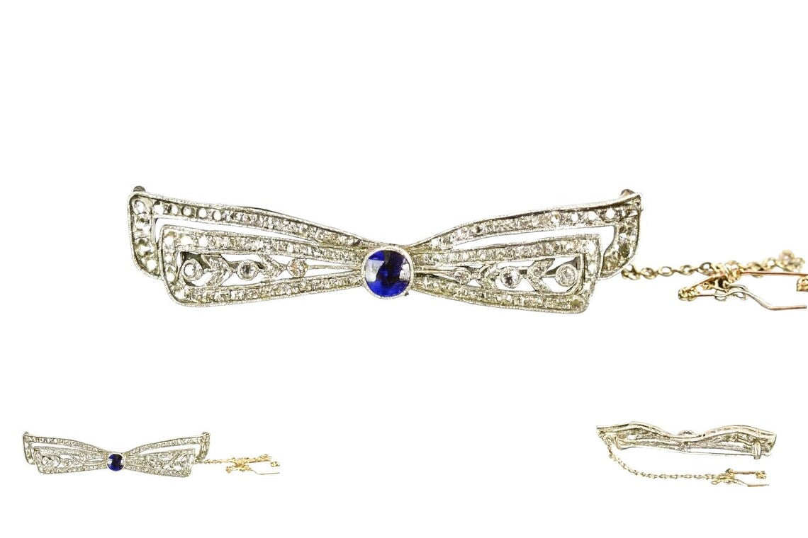 ART DECO DIAMONDS & Sapphire Ribbon Brooch c1920’s