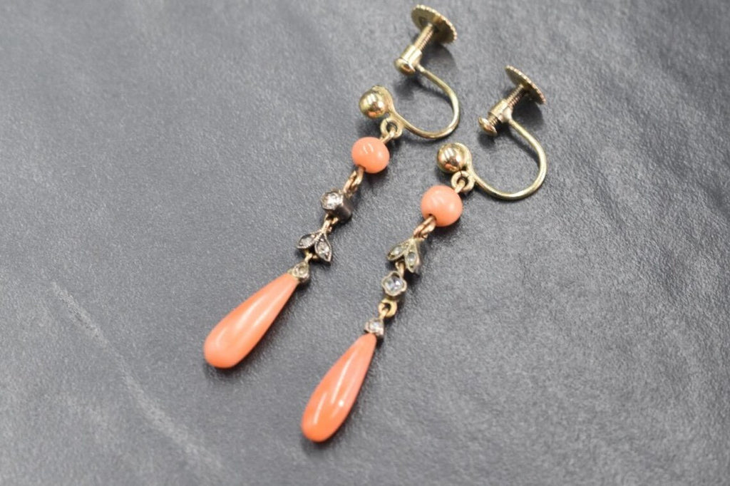 ART DECO CORAL Earrings with old cut diamonds