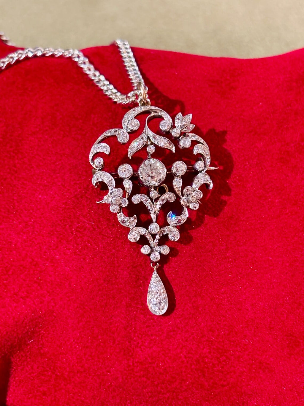 EDWARDIAN PLATINUM & GOLD Diamond Lavaliere Brooch-Pendant c1900