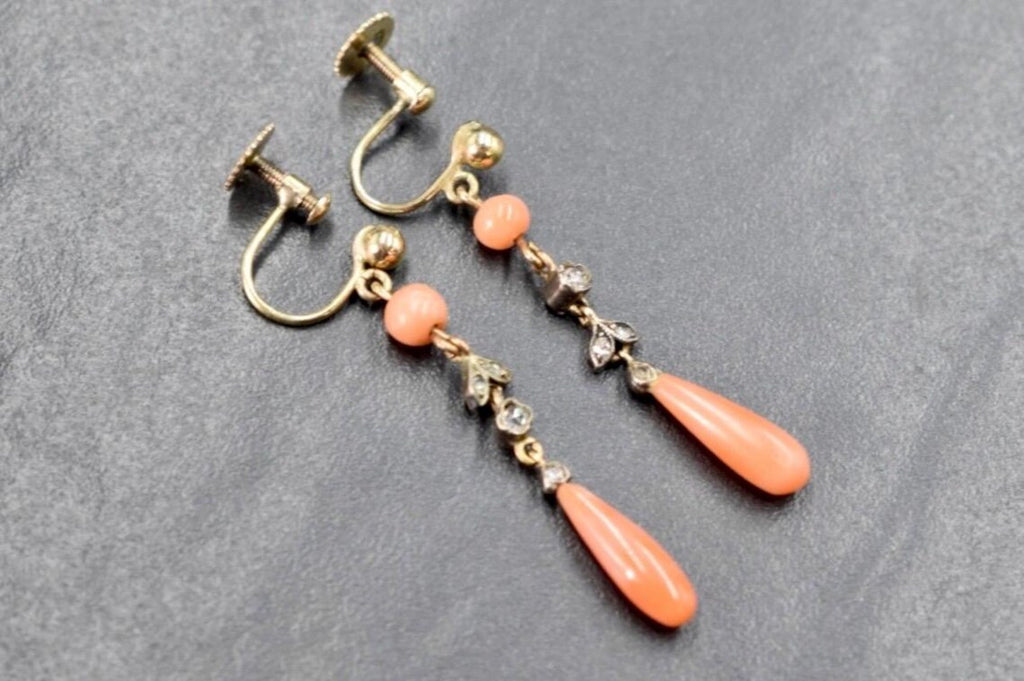 ART DECO CORAL Earrings with old cut diamonds