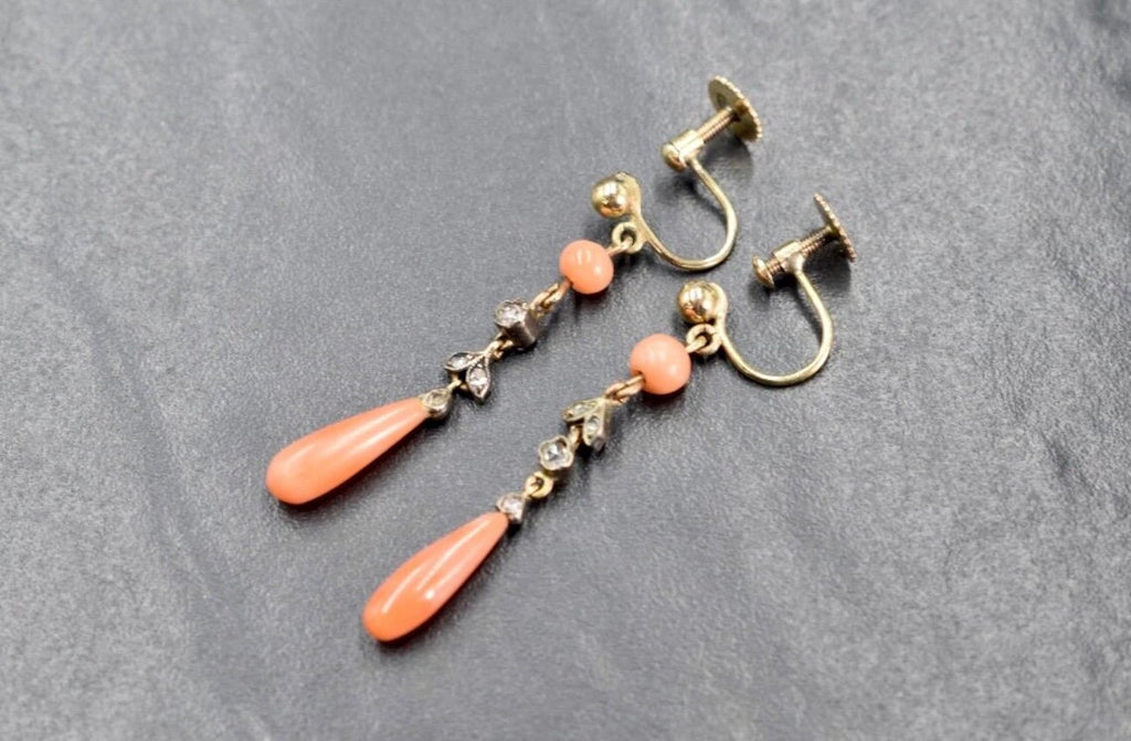 ART DECO CORAL Earrings with old cut diamonds