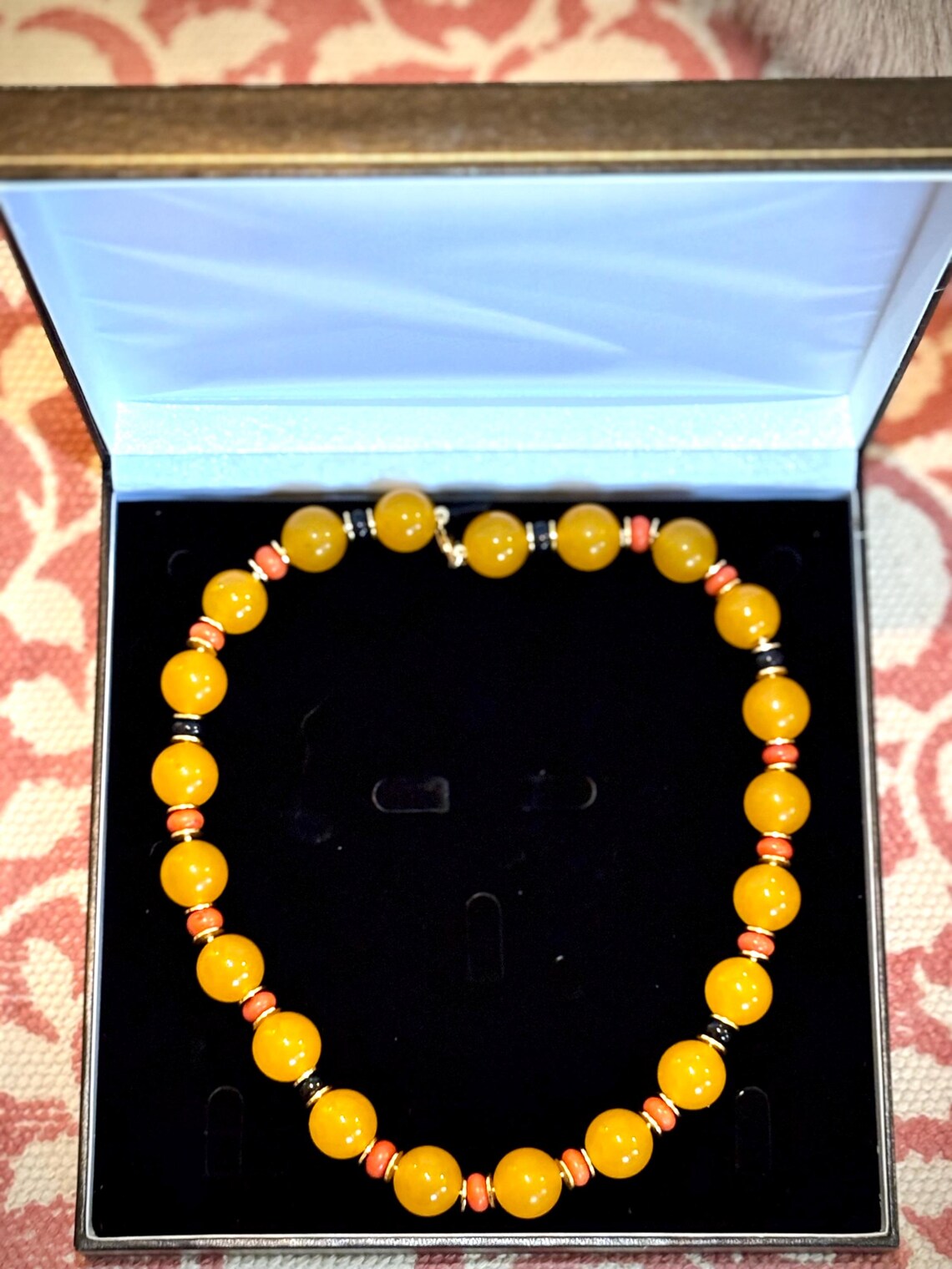 Vintage Certified Orange Quartz Bead Necklace with Coral, Onyx and 14K Gold-Filled Spacers