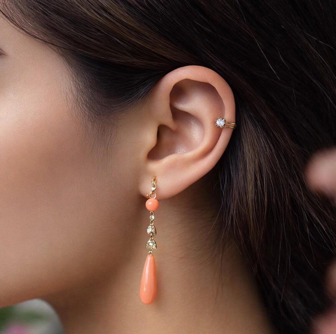 ART DECO CORAL Earrings with old cut diamonds