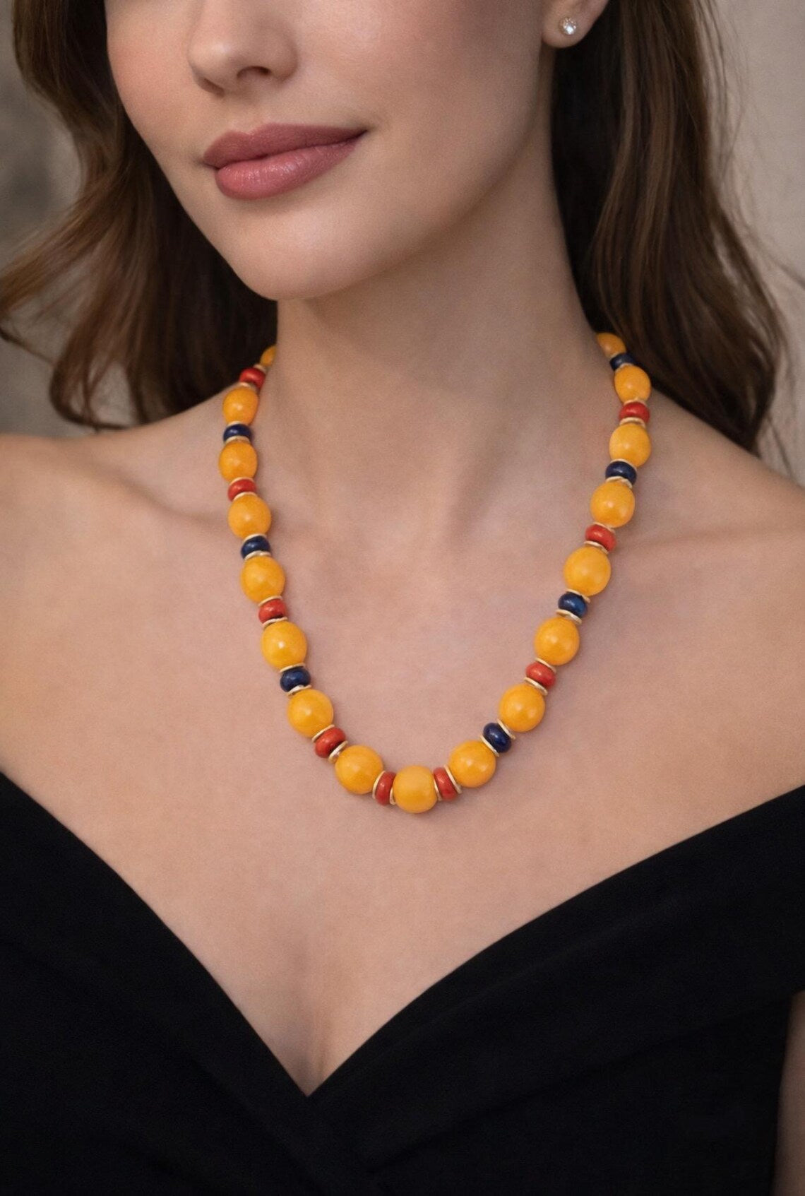 Vintage Certified Orange Quartz Bead Necklace with Coral, Onyx and 14K Gold-Filled Spacers