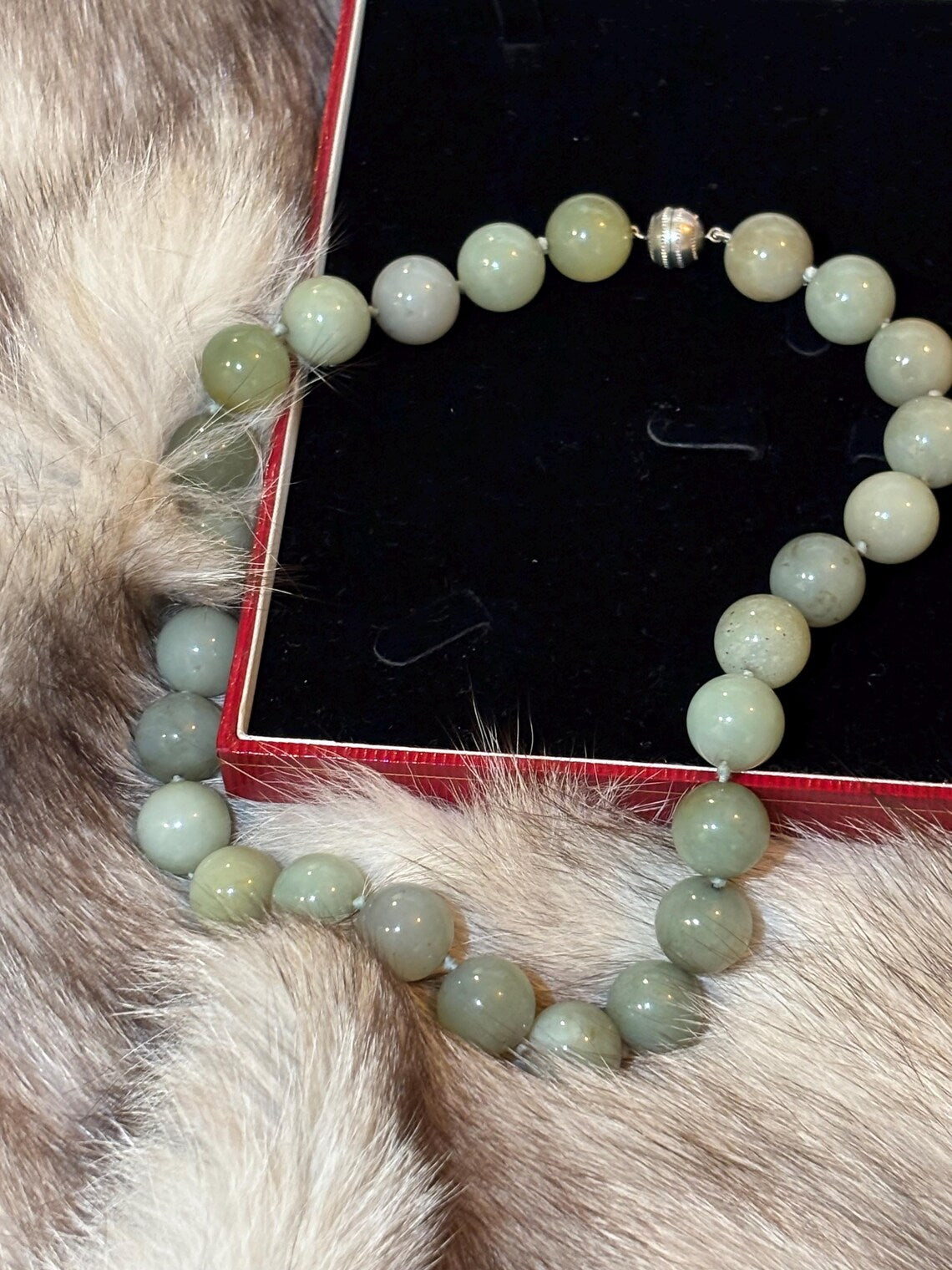 Large Vintage Bowenite Bead Necklace, Silver Clasp, Collection of Shirley Conran DBE