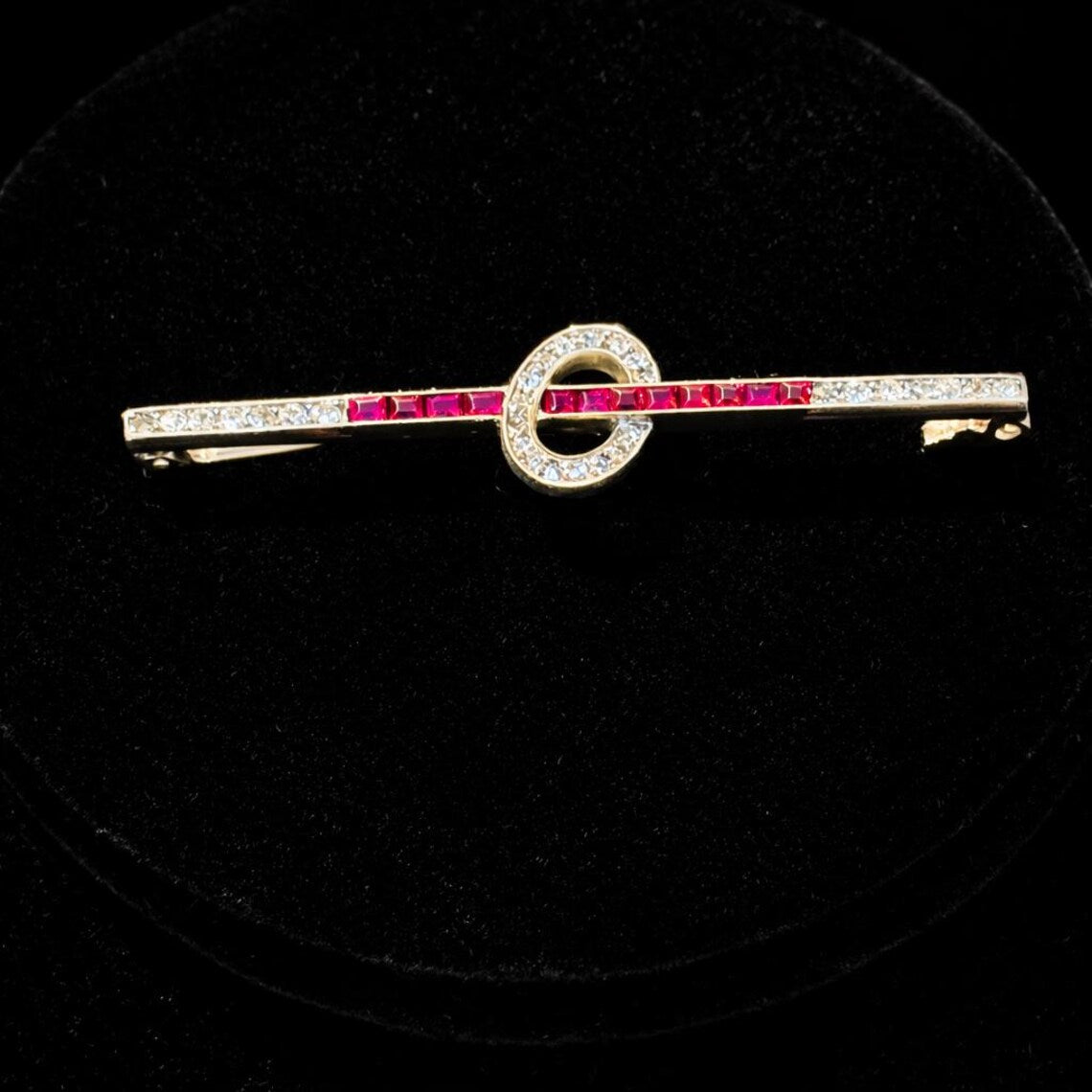 1920s Austrian Ruby and Diamond Bar Brooch in 14ct Gold