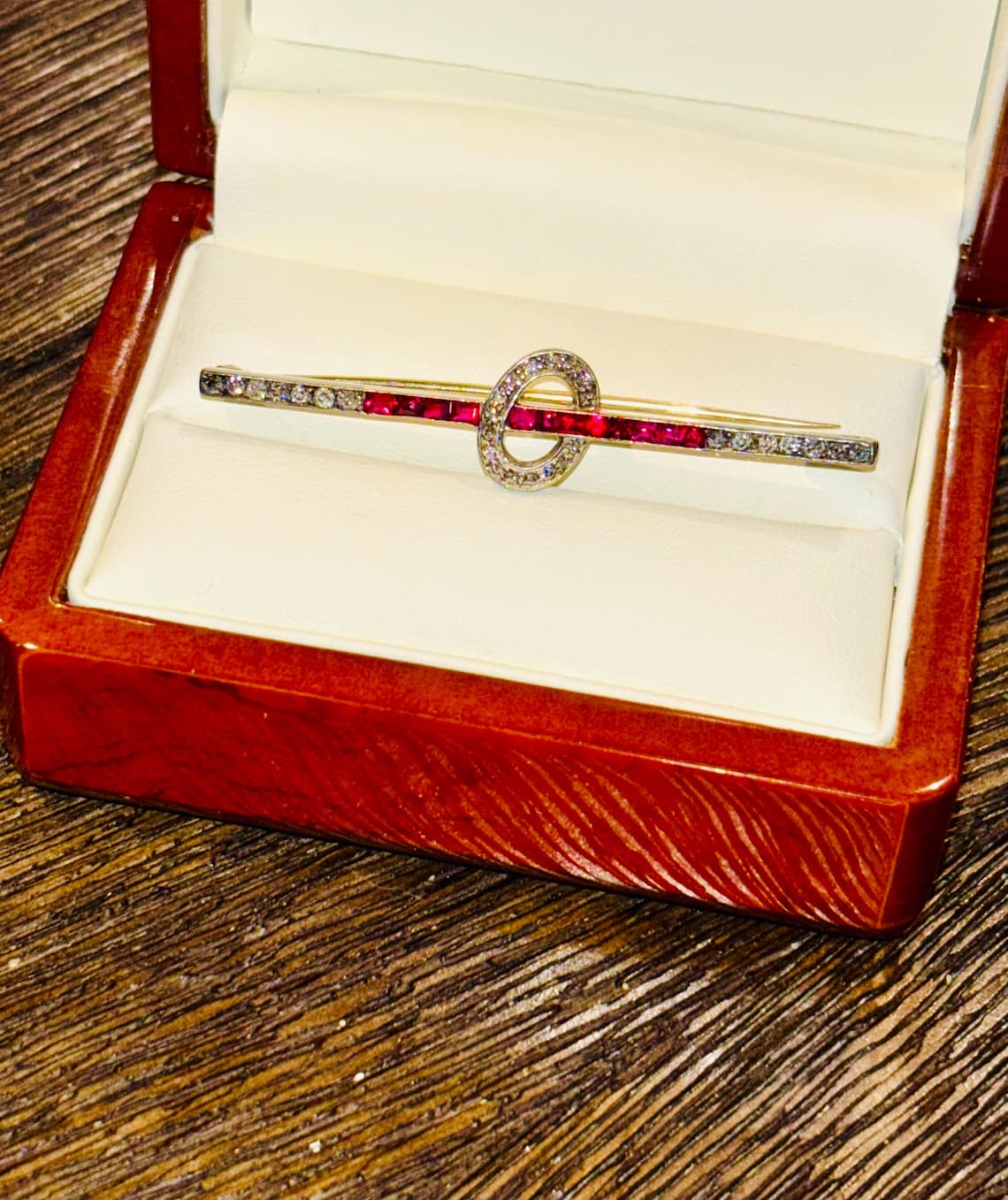 1920s Austrian Ruby and Diamond Bar Brooch in 14ct Gold