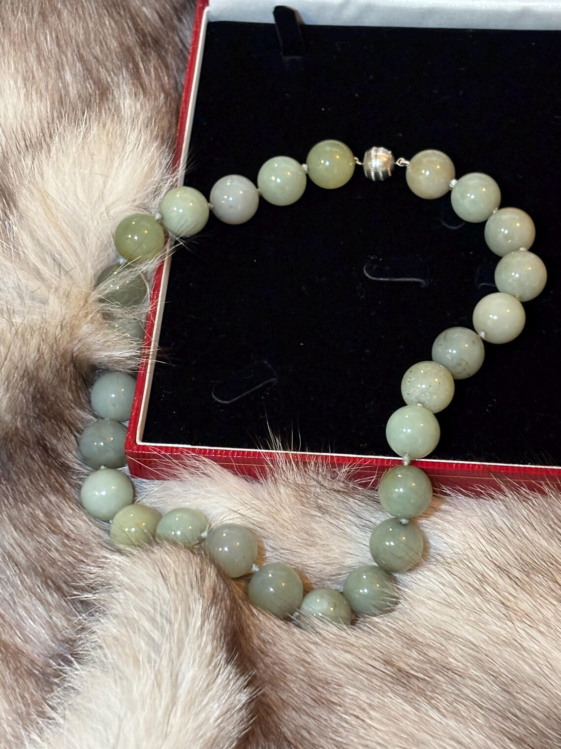 Large Vintage Bowenite Bead Necklace, Silver Clasp, Collection of Shirley Conran DBE