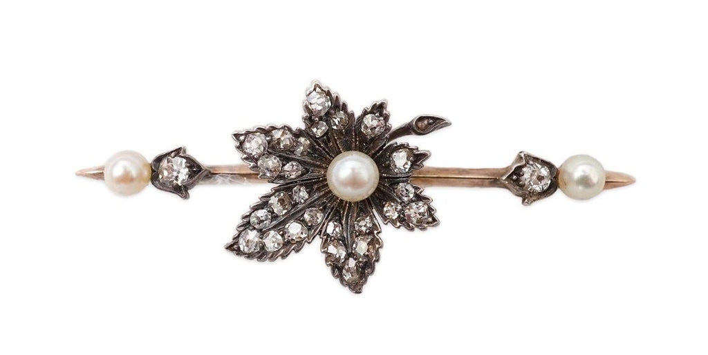 Early 20th Century Diamond and Pearl Maple Leaf Bar Brooch in Silver and Gold