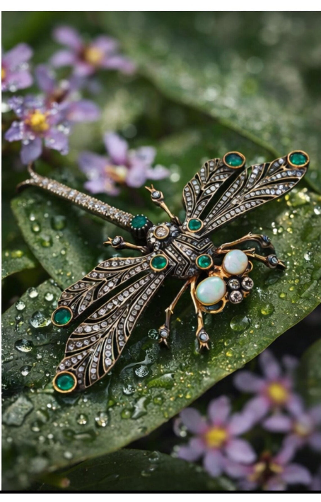 Antique French Diamond, Emerald & Opal En Tremblant Dragonfly Brooch, c.1930–1940