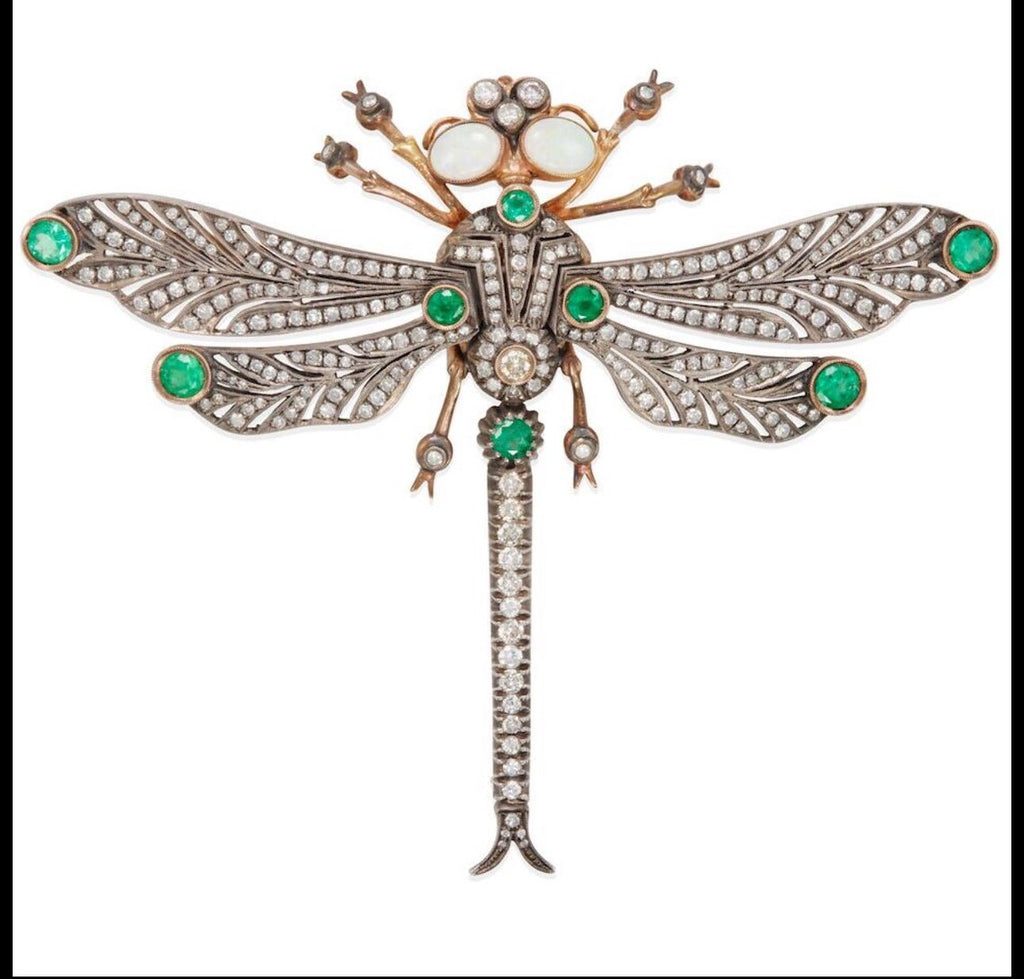 Antique French Diamond, Emerald & Opal En Tremblant Dragonfly Brooch, c.1930–1940