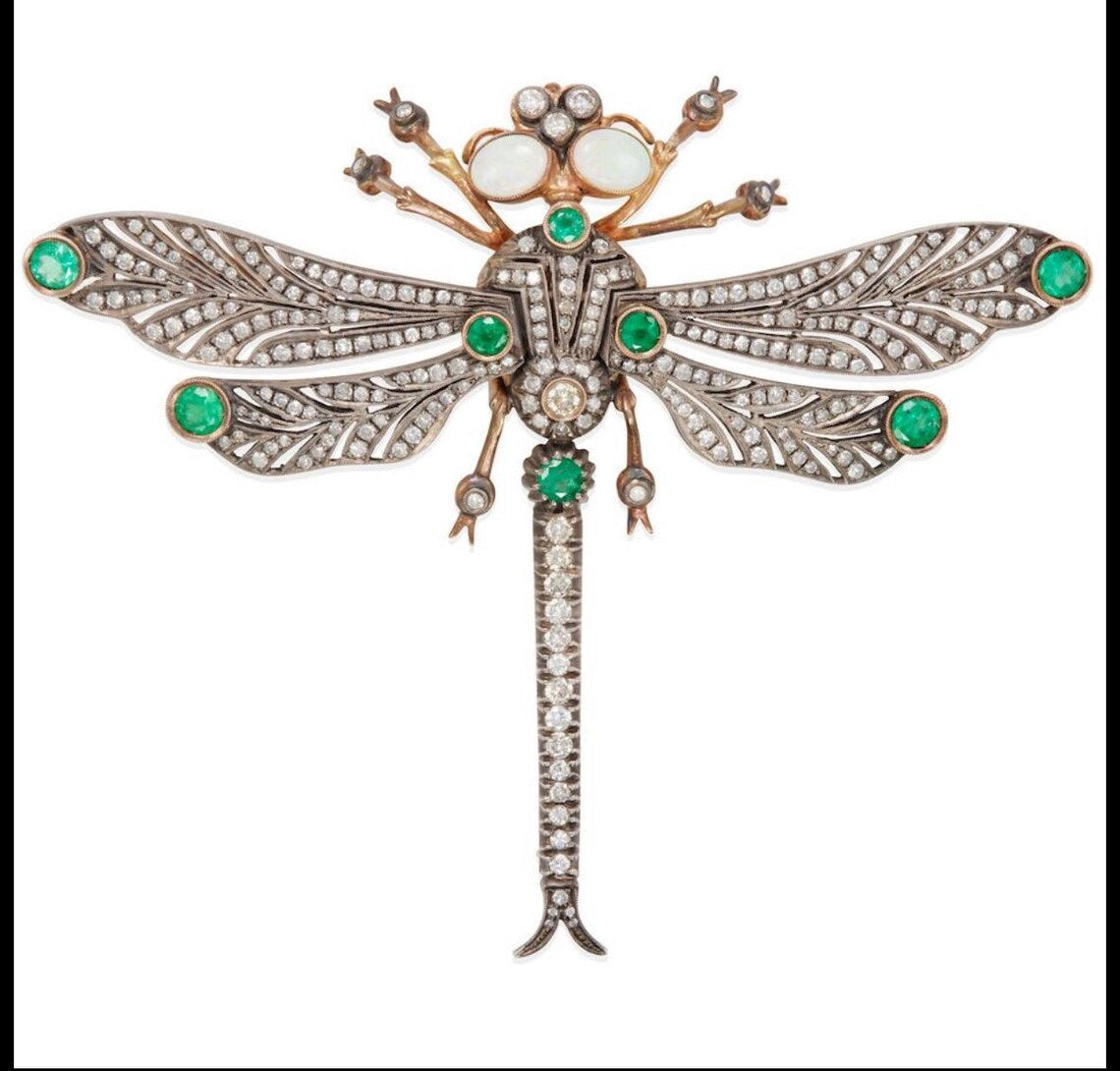 Antique French Diamond, Emerald & Opal En Tremblant Dragonfly Brooch, c.1930–1940
