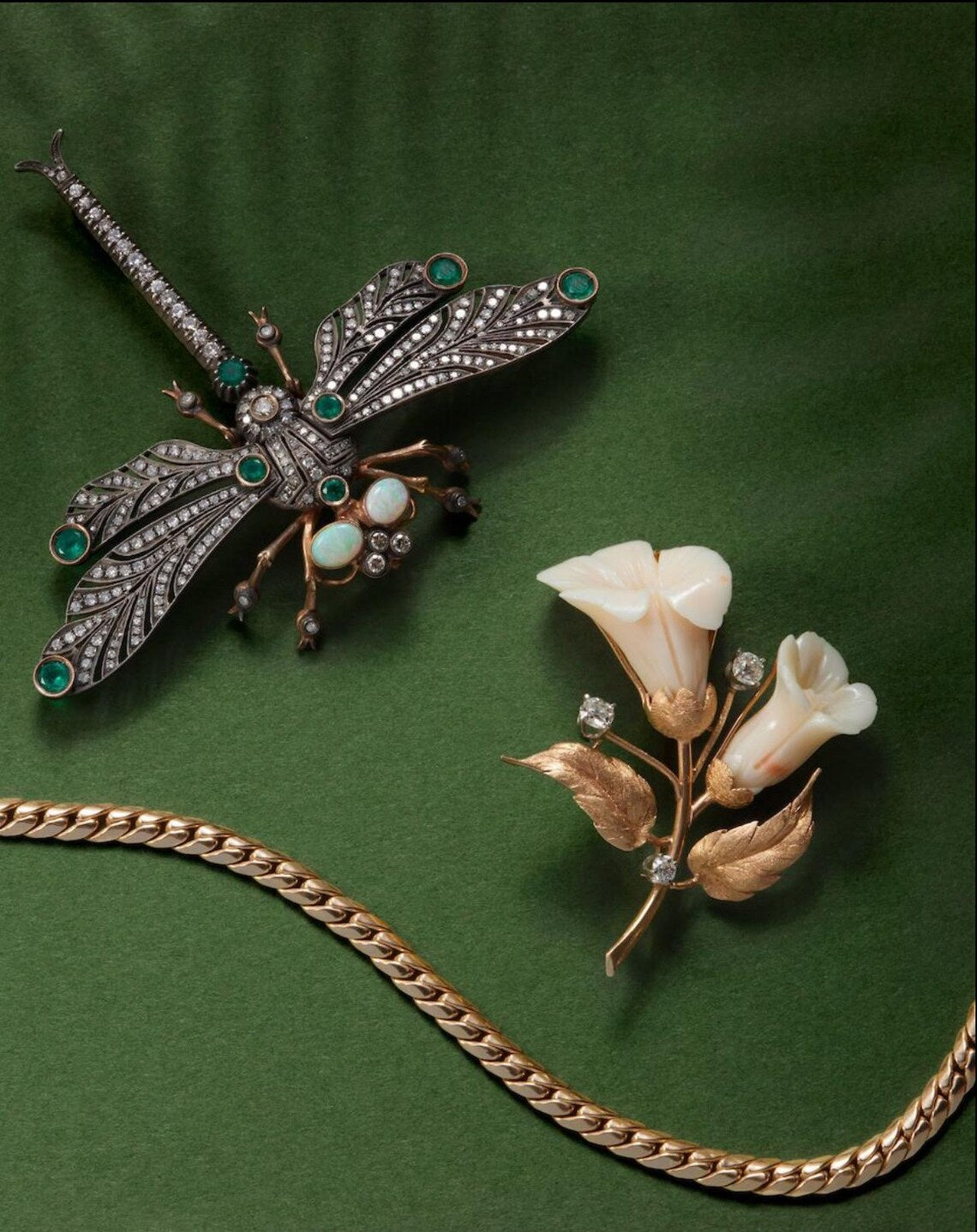 Antique French Diamond, Emerald & Opal En Tremblant Dragonfly Brooch, c.1930–1940