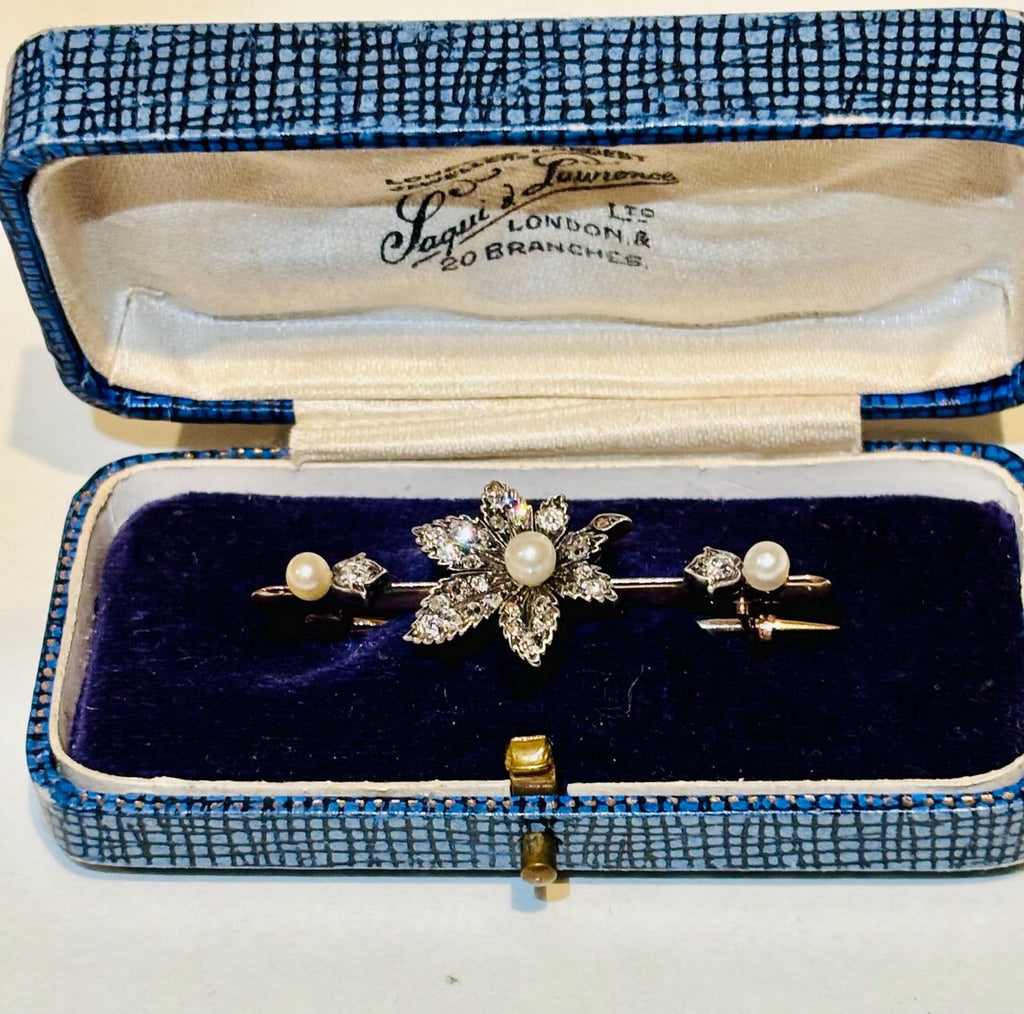 Early 20th Century Diamond and Pearl Maple Leaf Bar Brooch in Silver and Gold