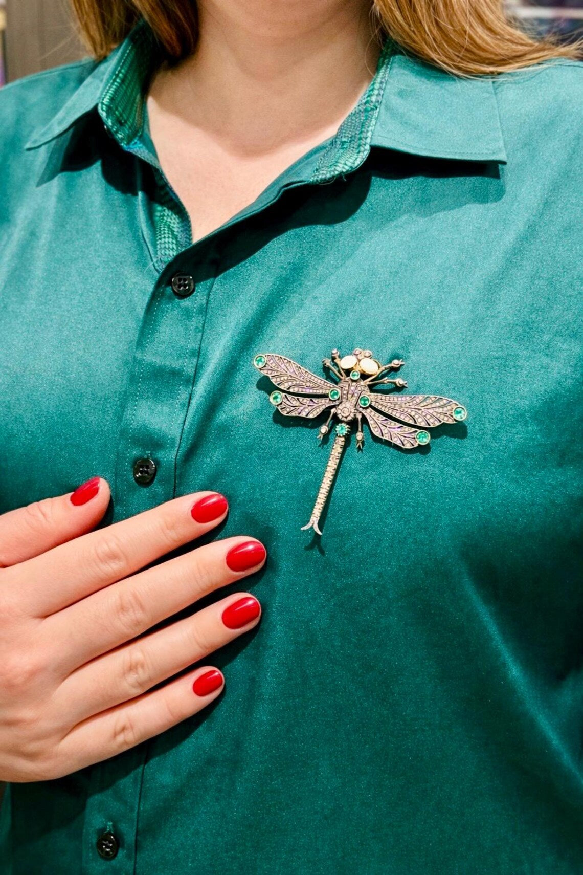 Antique French Diamond, Emerald & Opal En Tremblant Dragonfly Brooch, c.1930–1940