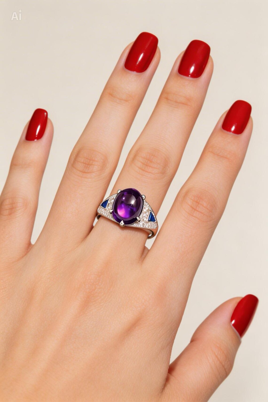 Amethyst, Sapphire and Diamond Ring, Late 20th Century, 18K White Gold