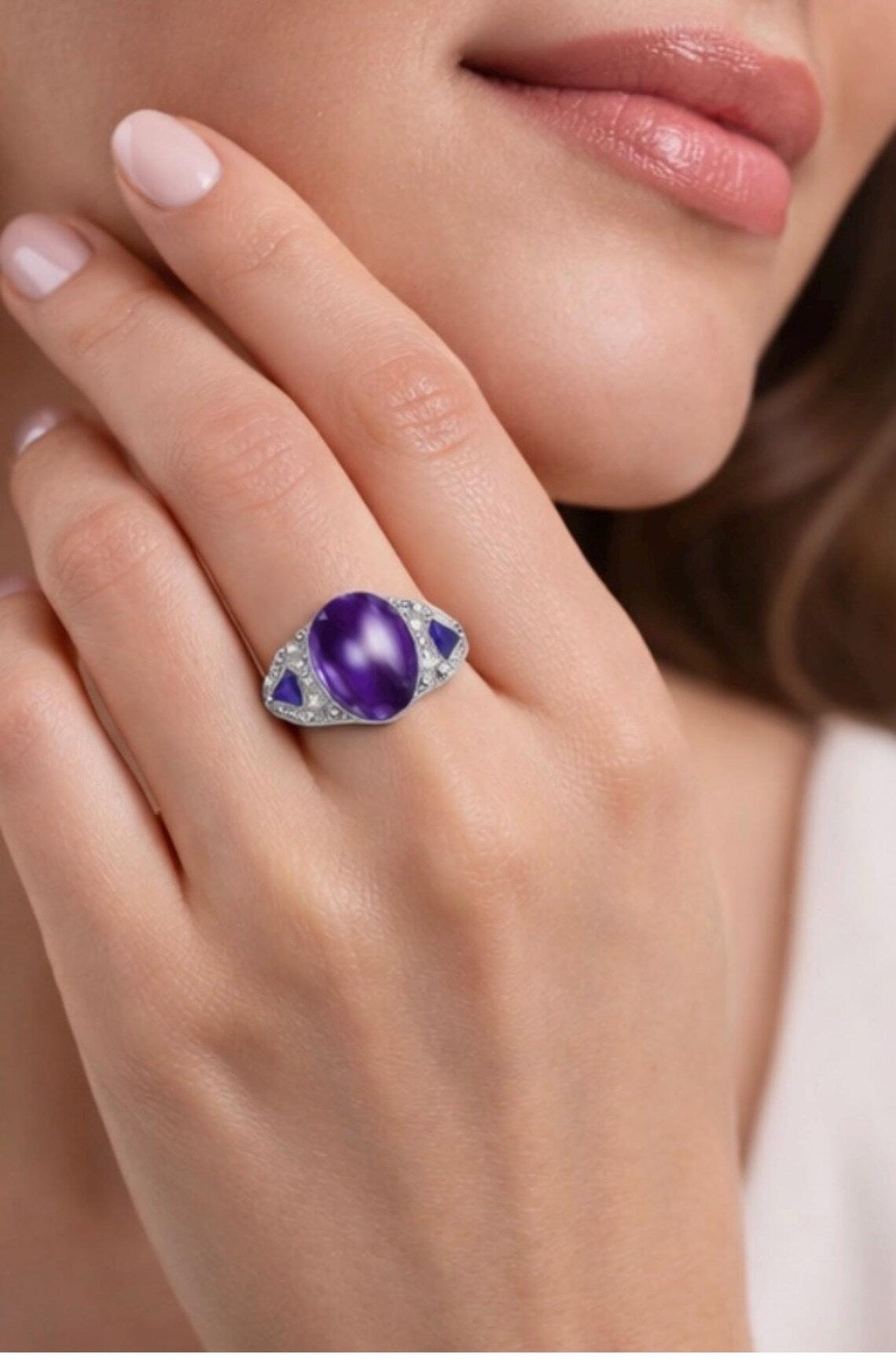 Amethyst, Sapphire and Diamond Ring, Late 20th Century, 18K White Gold
