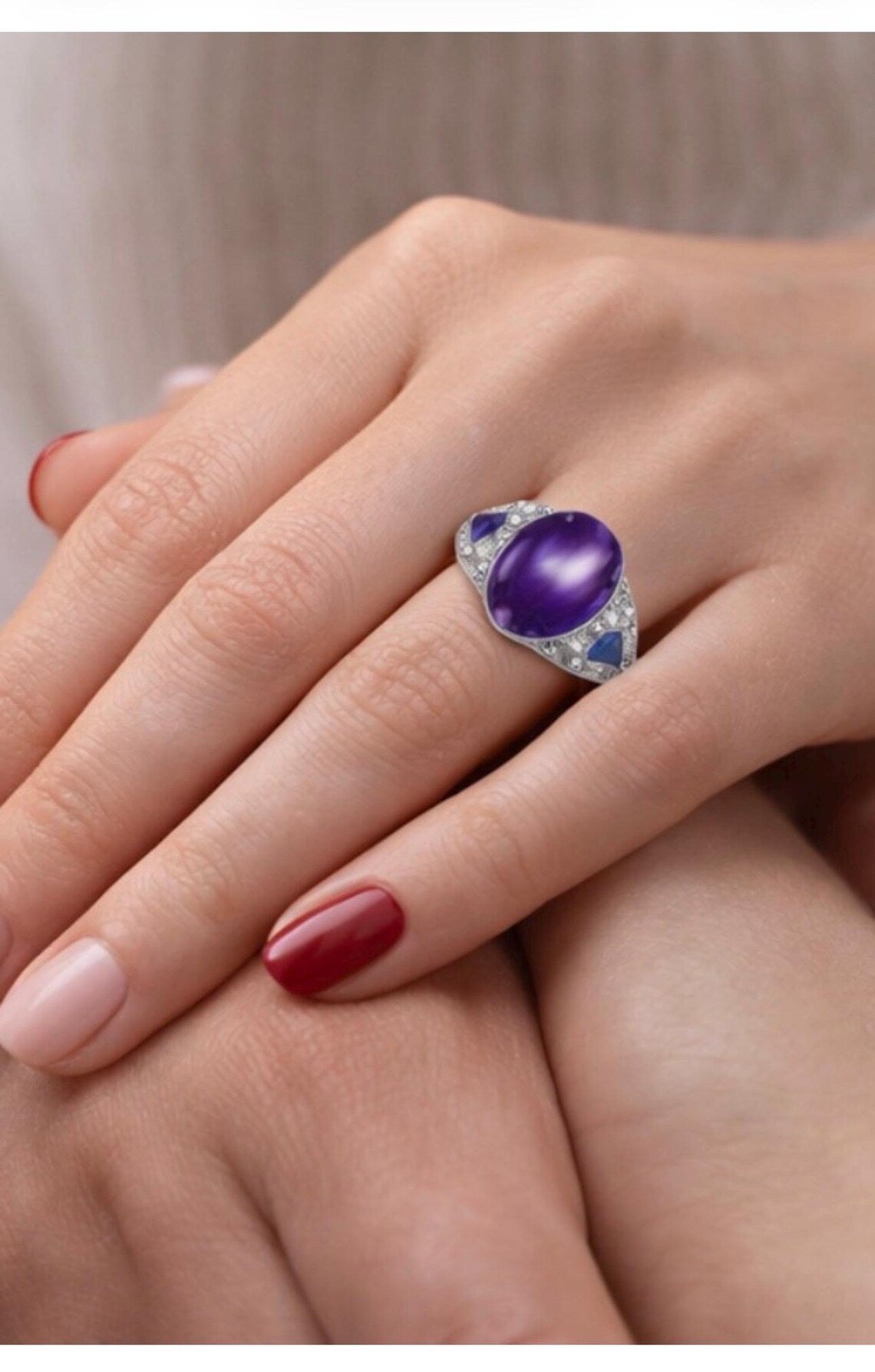 Amethyst, Sapphire and Diamond Ring, Late 20th Century, 18K White Gold