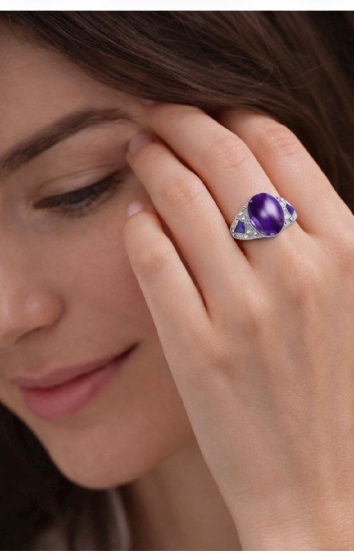 Amethyst, Sapphire and Diamond Ring, Late 20th Century, 18K White Gold