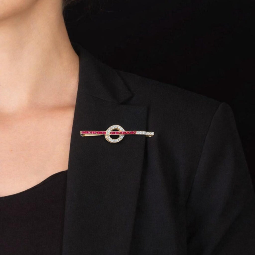 1920s Austrian Ruby and Diamond Bar Brooch in 14ct Gold