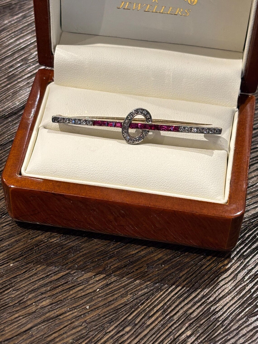 1920s Austrian Ruby and Diamond Bar Brooch in 14ct Gold