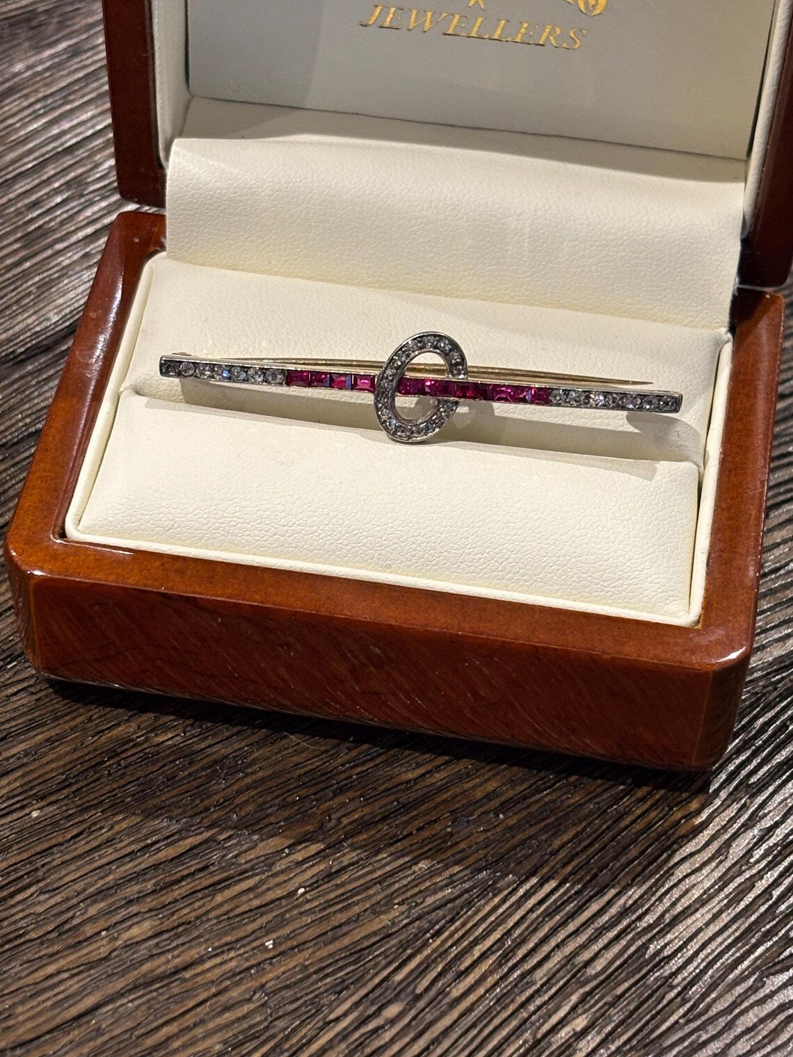 1920s Austrian Ruby and Diamond Bar Brooch in 14ct Gold