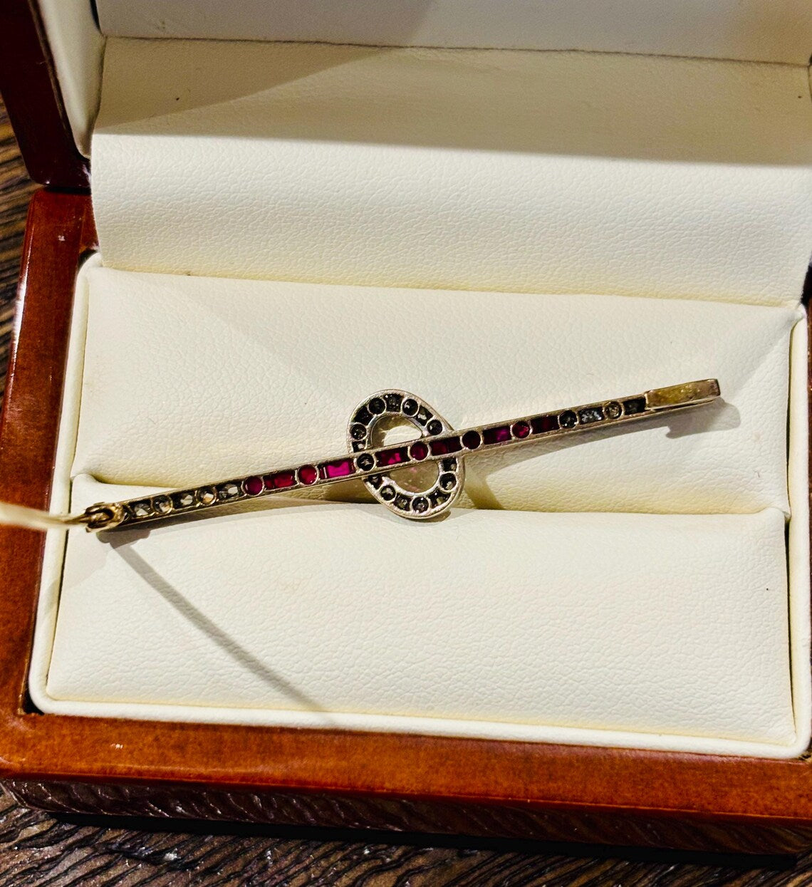 1920s Austrian Ruby and Diamond Bar Brooch in 14ct Gold