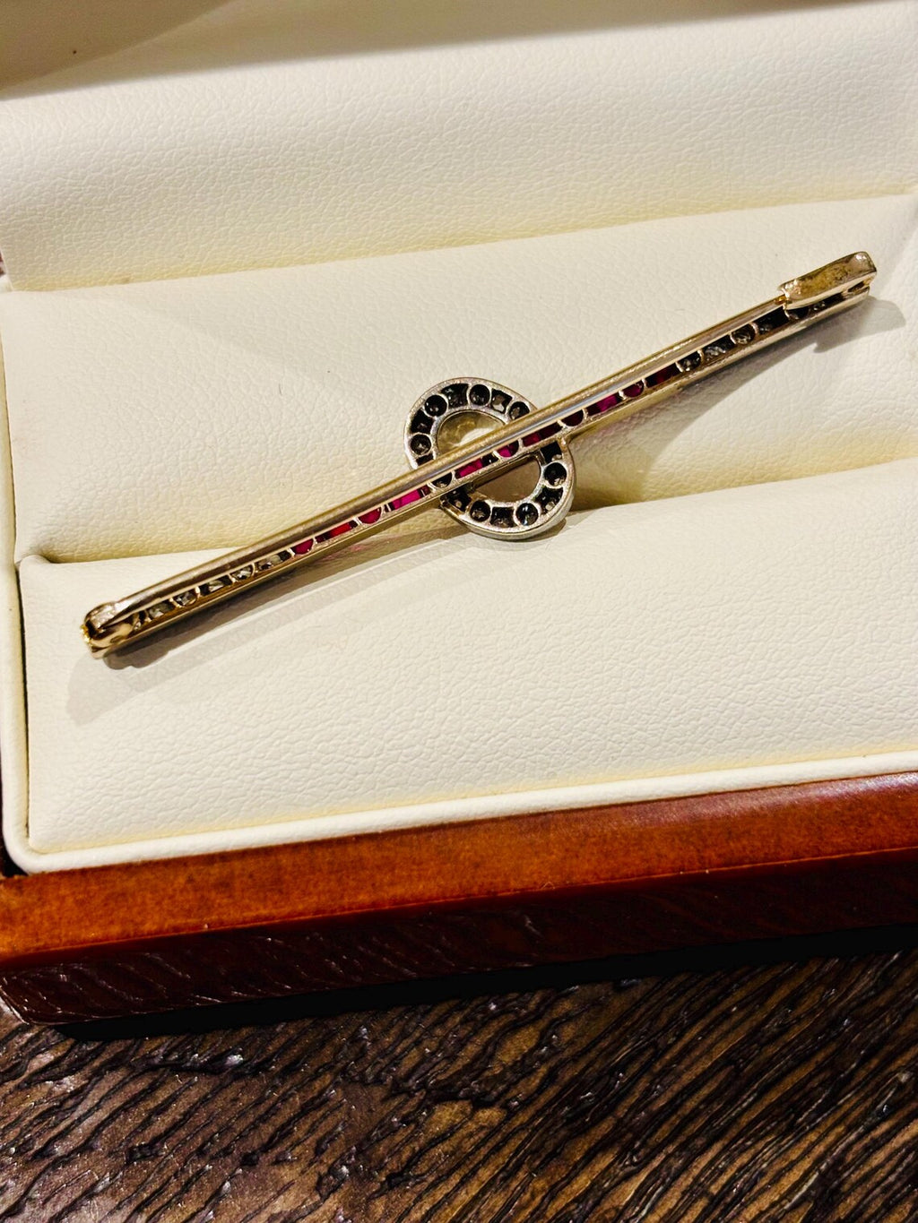 1920s Austrian Ruby and Diamond Bar Brooch in 14ct Gold