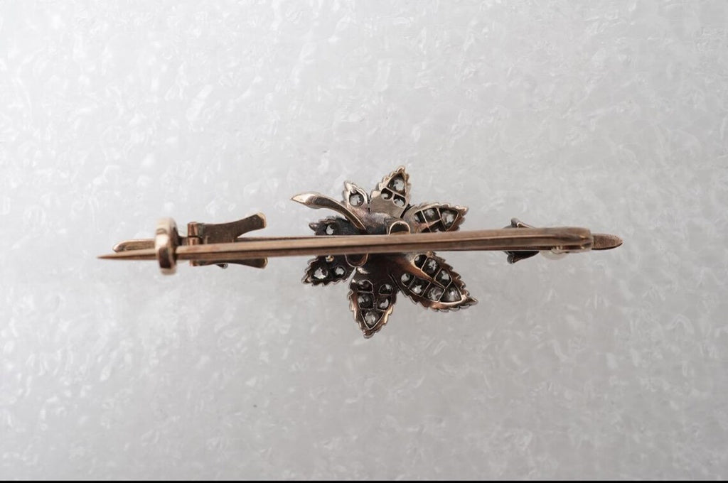 Early 20th Century Diamond and Pearl Maple Leaf Bar Brooch in Silver and Gold