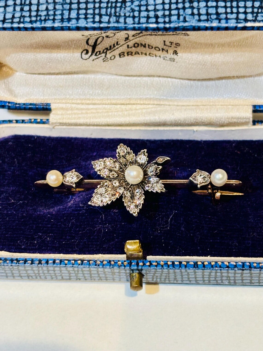 Early 20th Century Diamond and Pearl Maple Leaf Bar Brooch in Silver and Gold