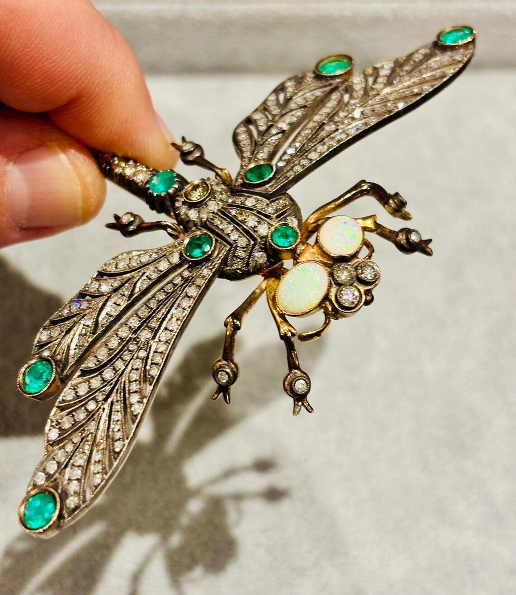 Antique French Diamond, Emerald & Opal En Tremblant Dragonfly Brooch, c.1930–1940