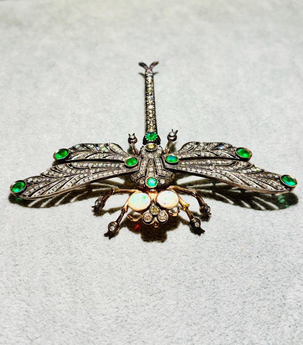 Antique French Diamond, Emerald & Opal En Tremblant Dragonfly Brooch, c.1930–1940