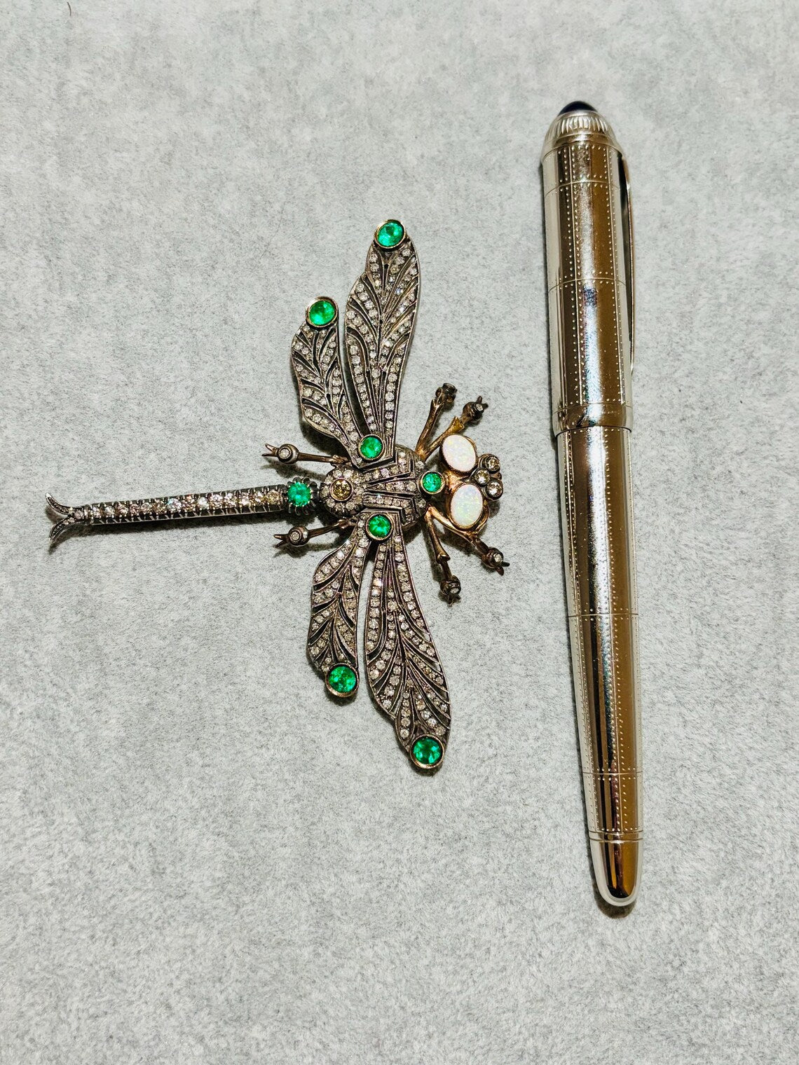 Antique French Diamond, Emerald & Opal En Tremblant Dragonfly Brooch, c.1930–1940