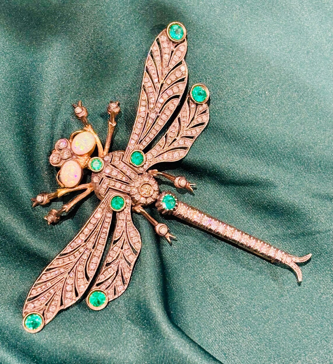 Antique French Diamond, Emerald & Opal En Tremblant Dragonfly Brooch, c.1930–1940