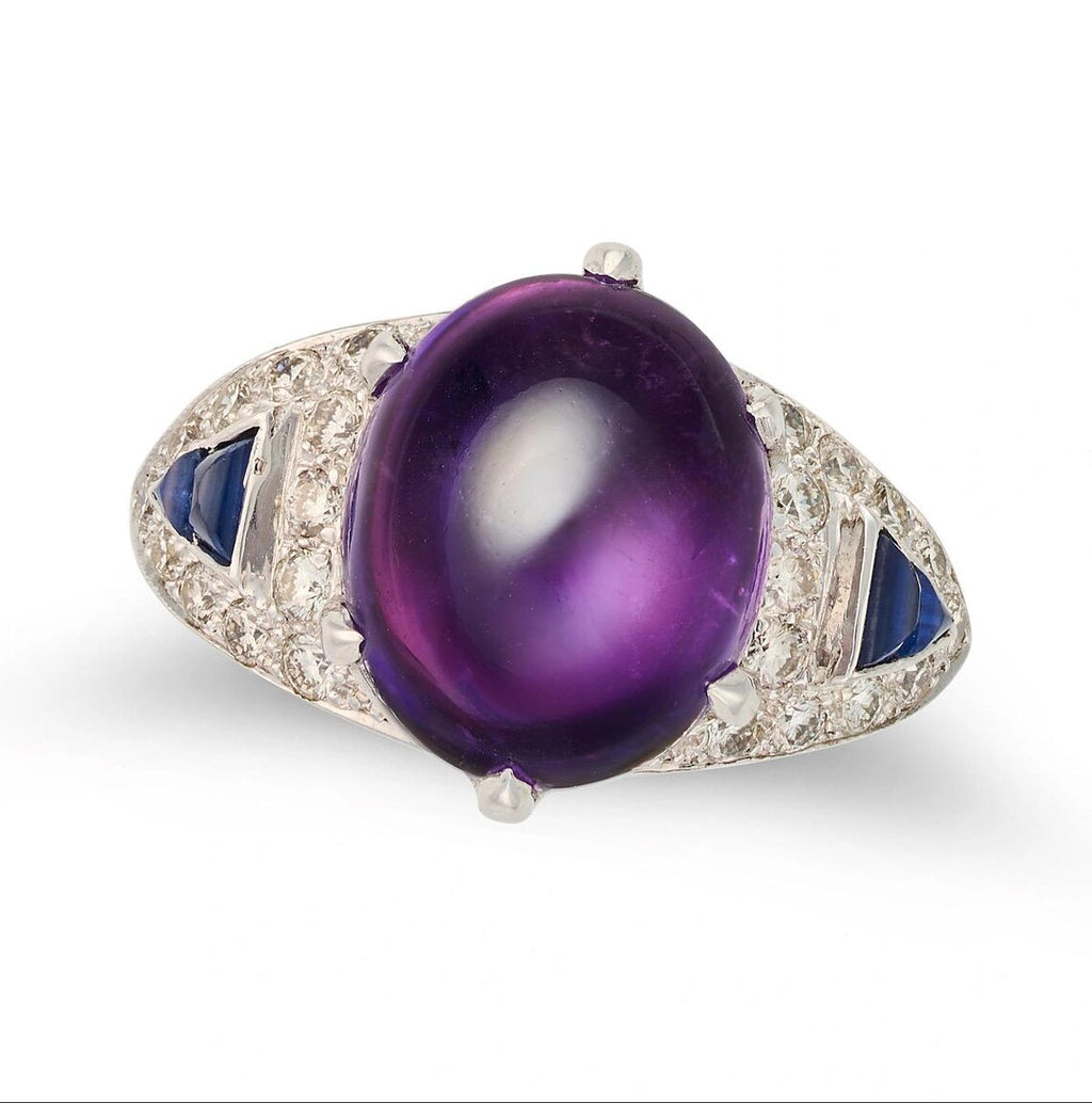 Amethyst, Sapphire and Diamond Ring, Late 20th Century, 18K White Gold