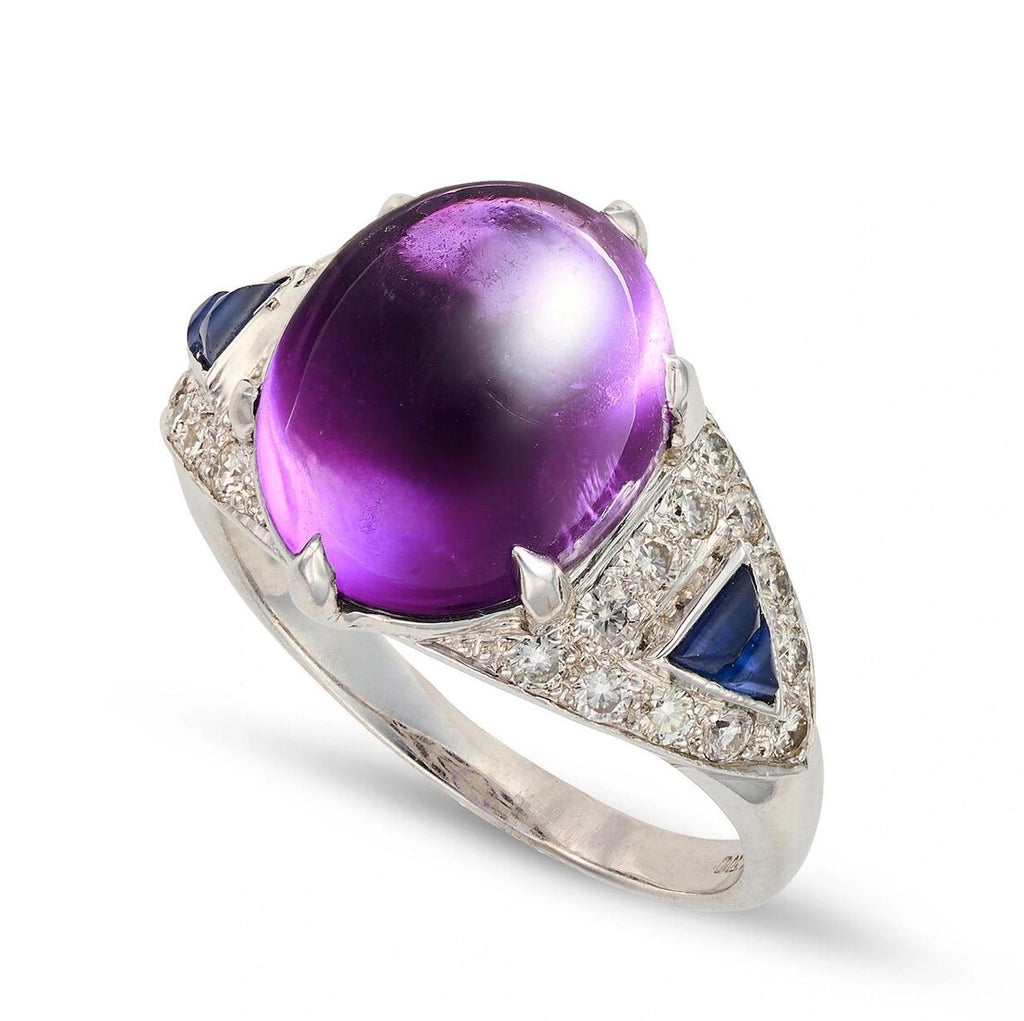 Amethyst, Sapphire and Diamond Ring, Late 20th Century, 18K White Gold