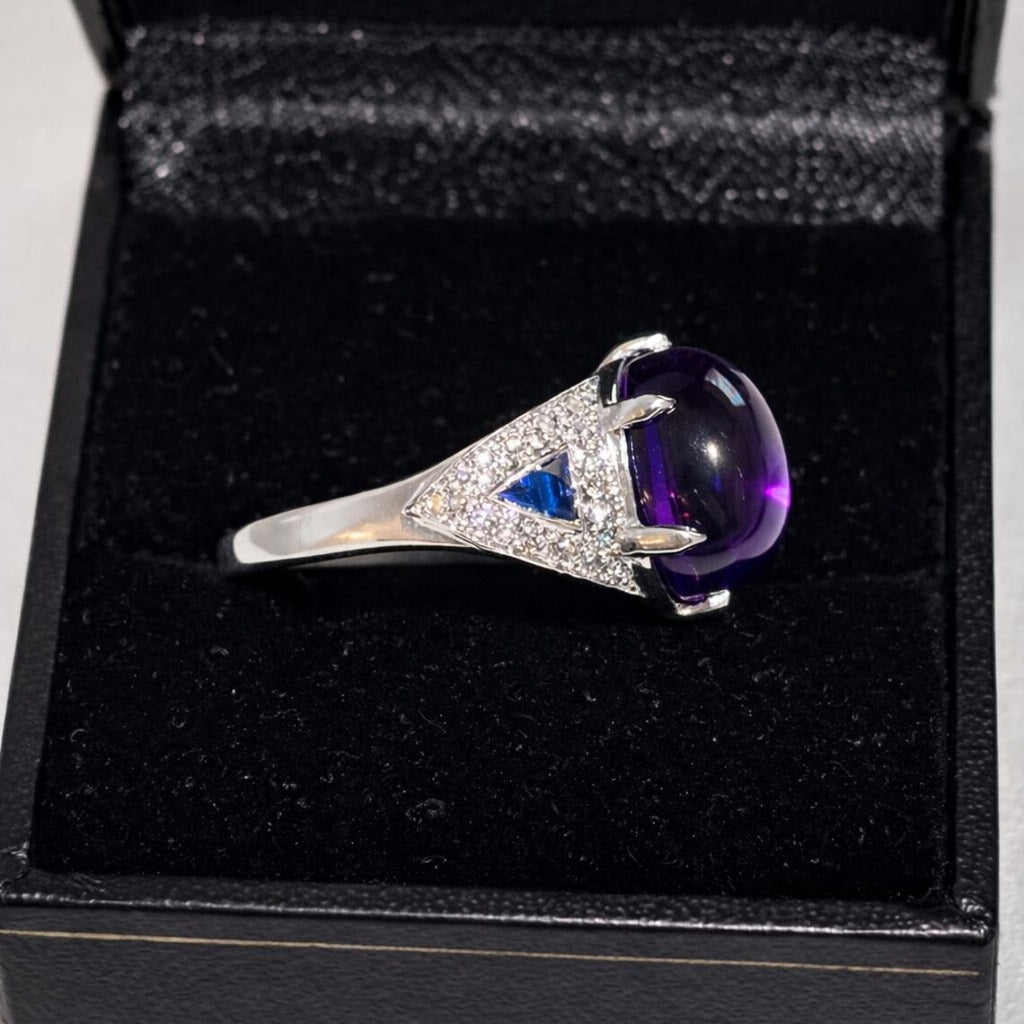 Amethyst, Sapphire and Diamond Ring, Late 20th Century, 18K White Gold