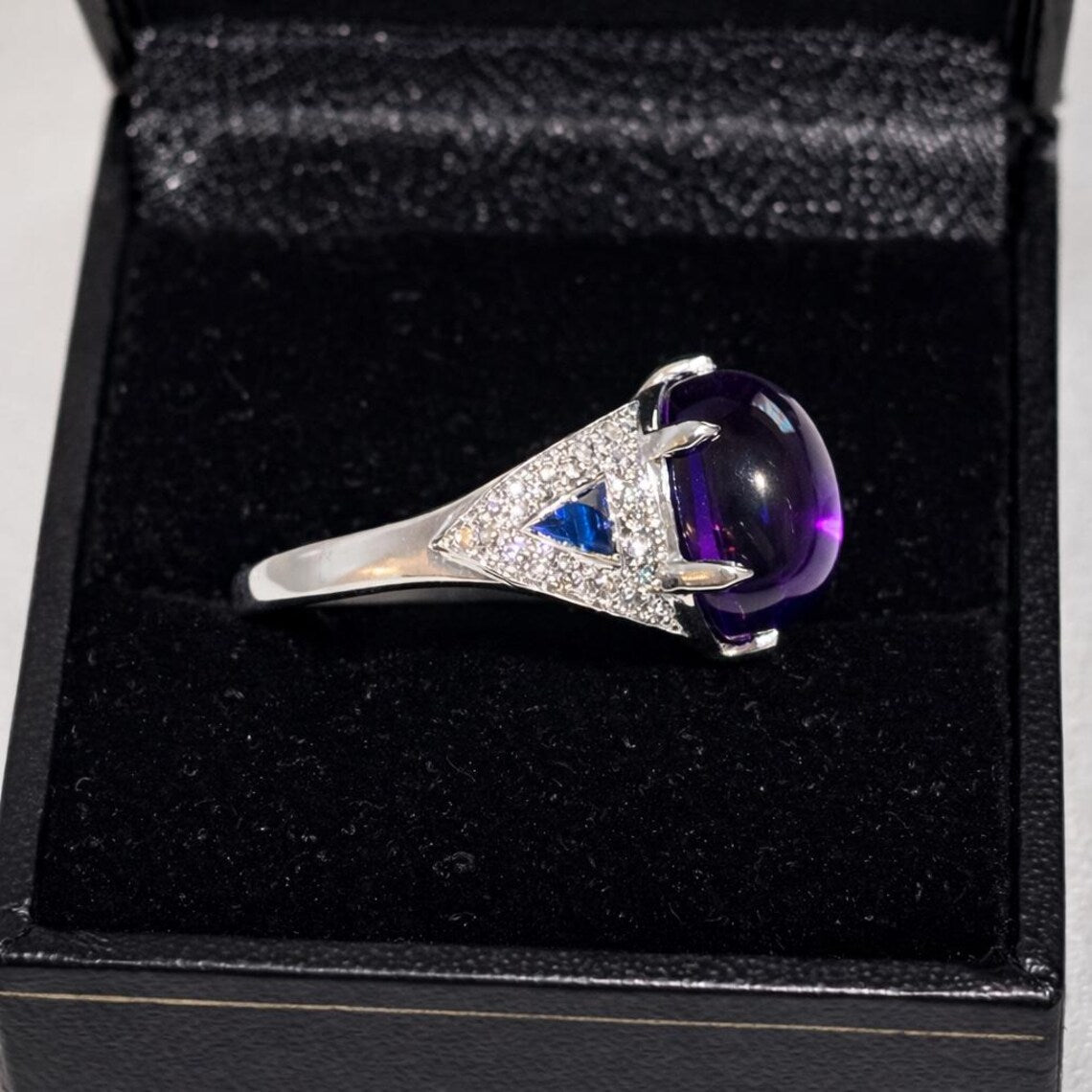 Amethyst, Sapphire and Diamond Ring, Late 20th Century, 18K White Gold
