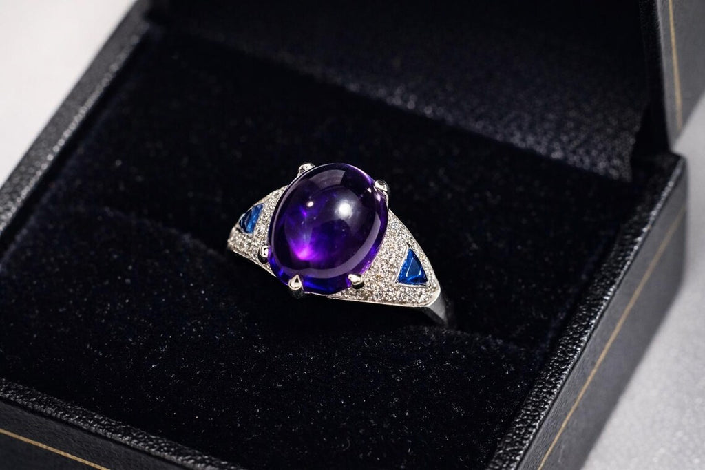 Amethyst, Sapphire and Diamond Ring, Late 20th Century, 18K White Gold