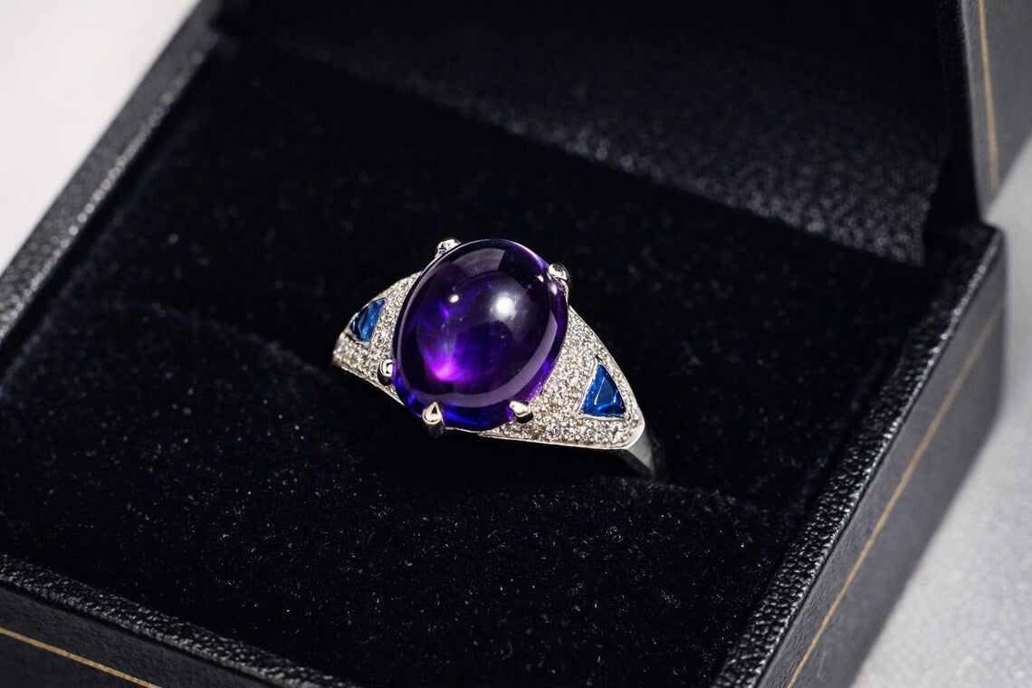 Amethyst, Sapphire and Diamond Ring, Late 20th Century, 18K White Gold