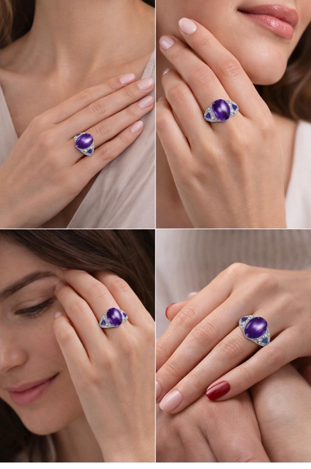 Amethyst, Sapphire and Diamond Ring, Late 20th Century, 18K White Gold