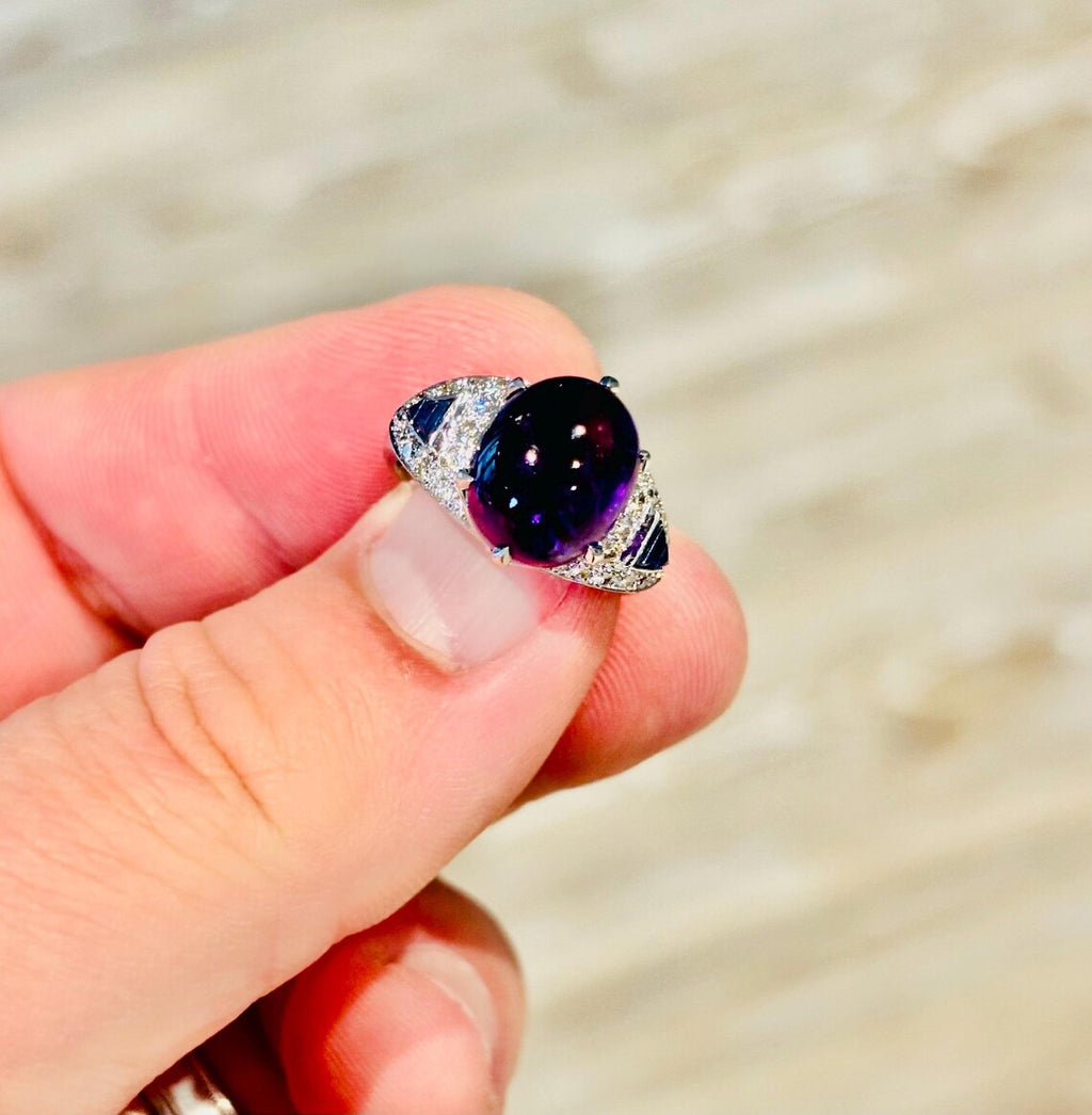 Amethyst, Sapphire and Diamond Ring, Late 20th Century, 18K White Gold