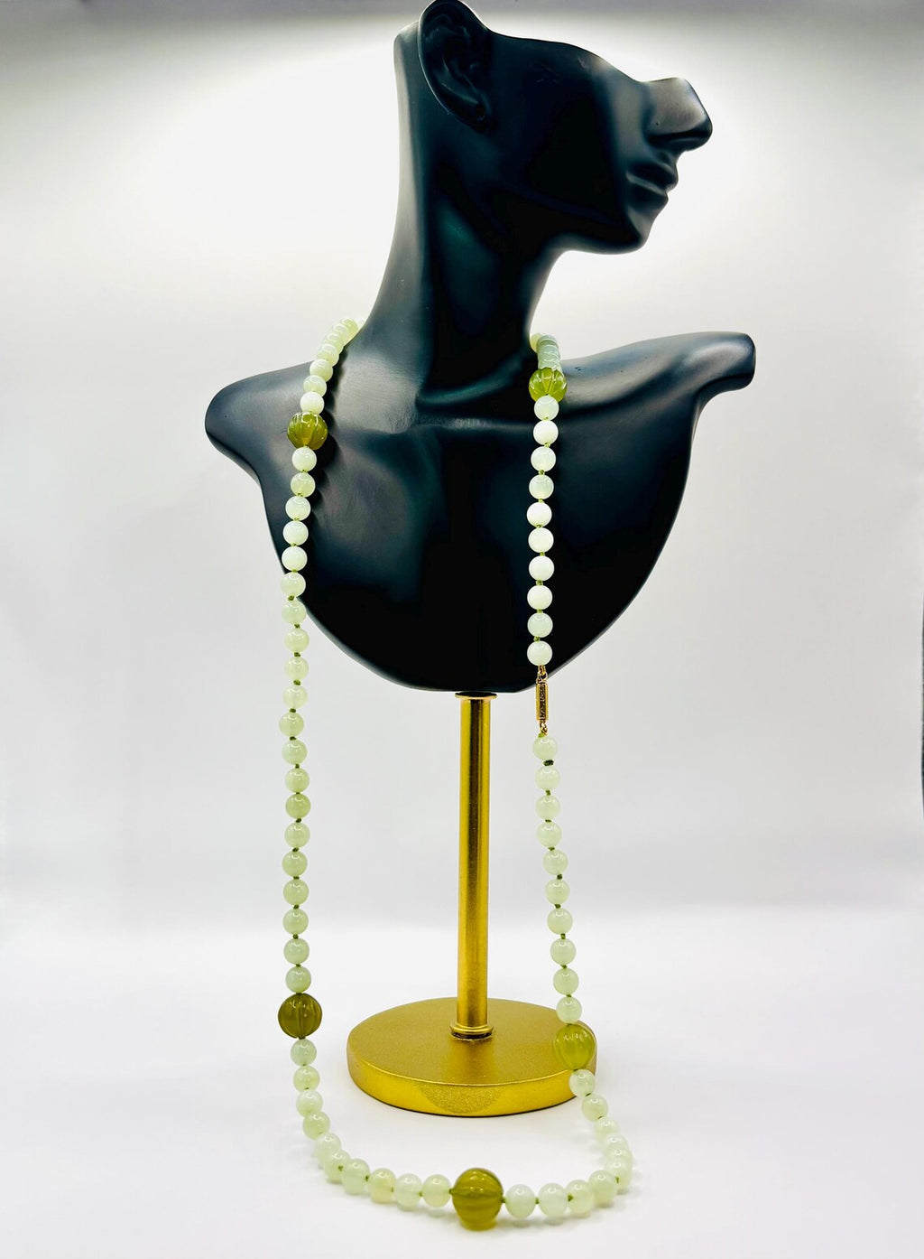 Antique Chinese Icy Jade Opera Necklace, Carved Melon Beads, 15ct Gold Clasp