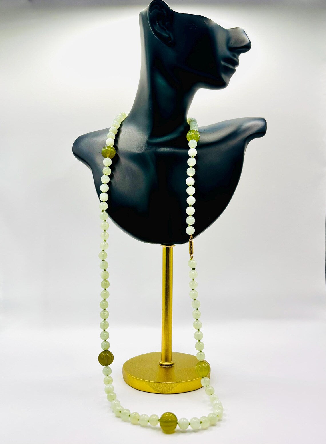 Antique Chinese Icy Jade Opera Necklace, Carved Melon Beads, 15ct Gold Clasp