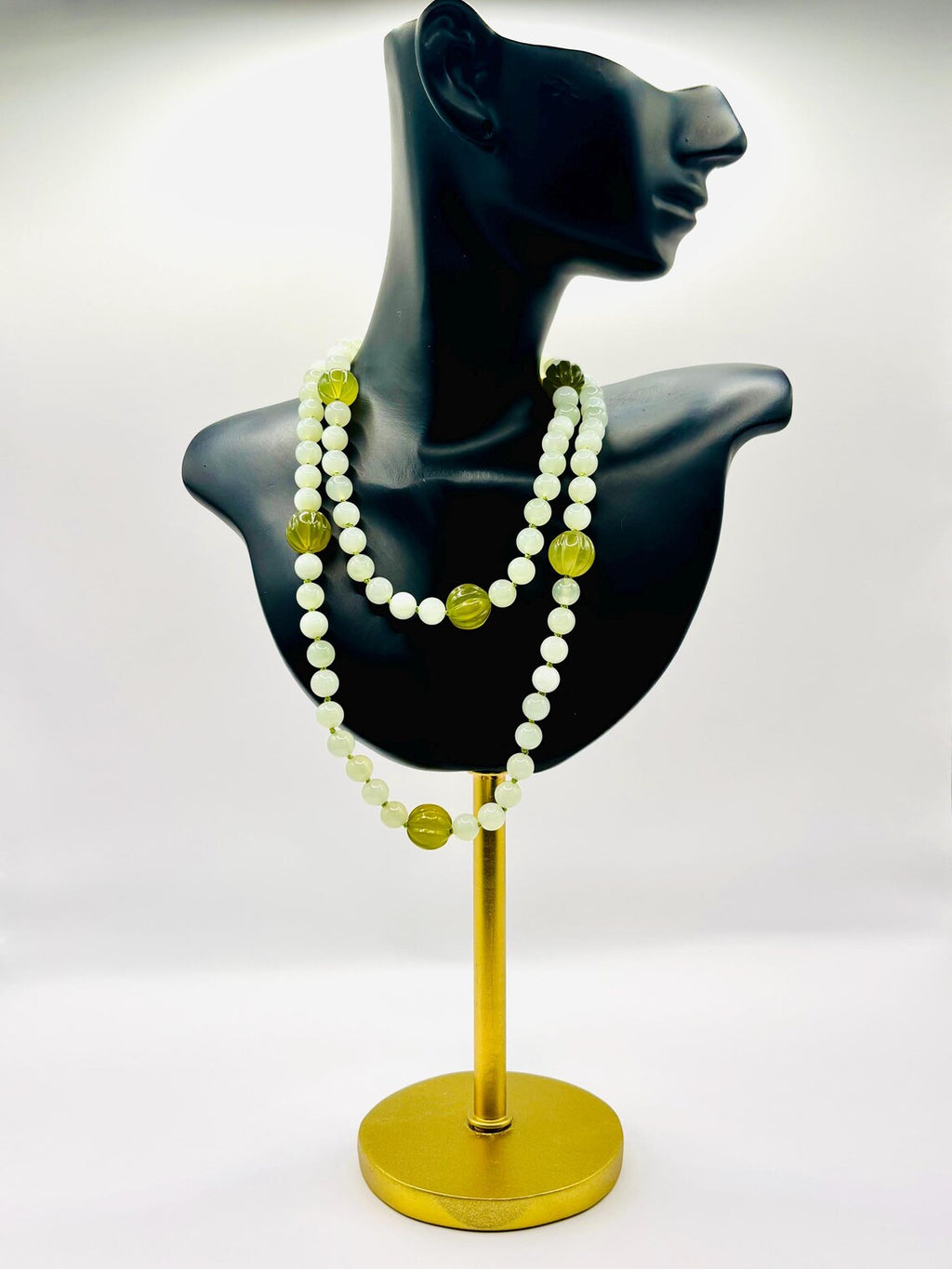 Antique Chinese Icy Jade Opera Necklace, Carved Melon Beads, 15ct Gold Clasp