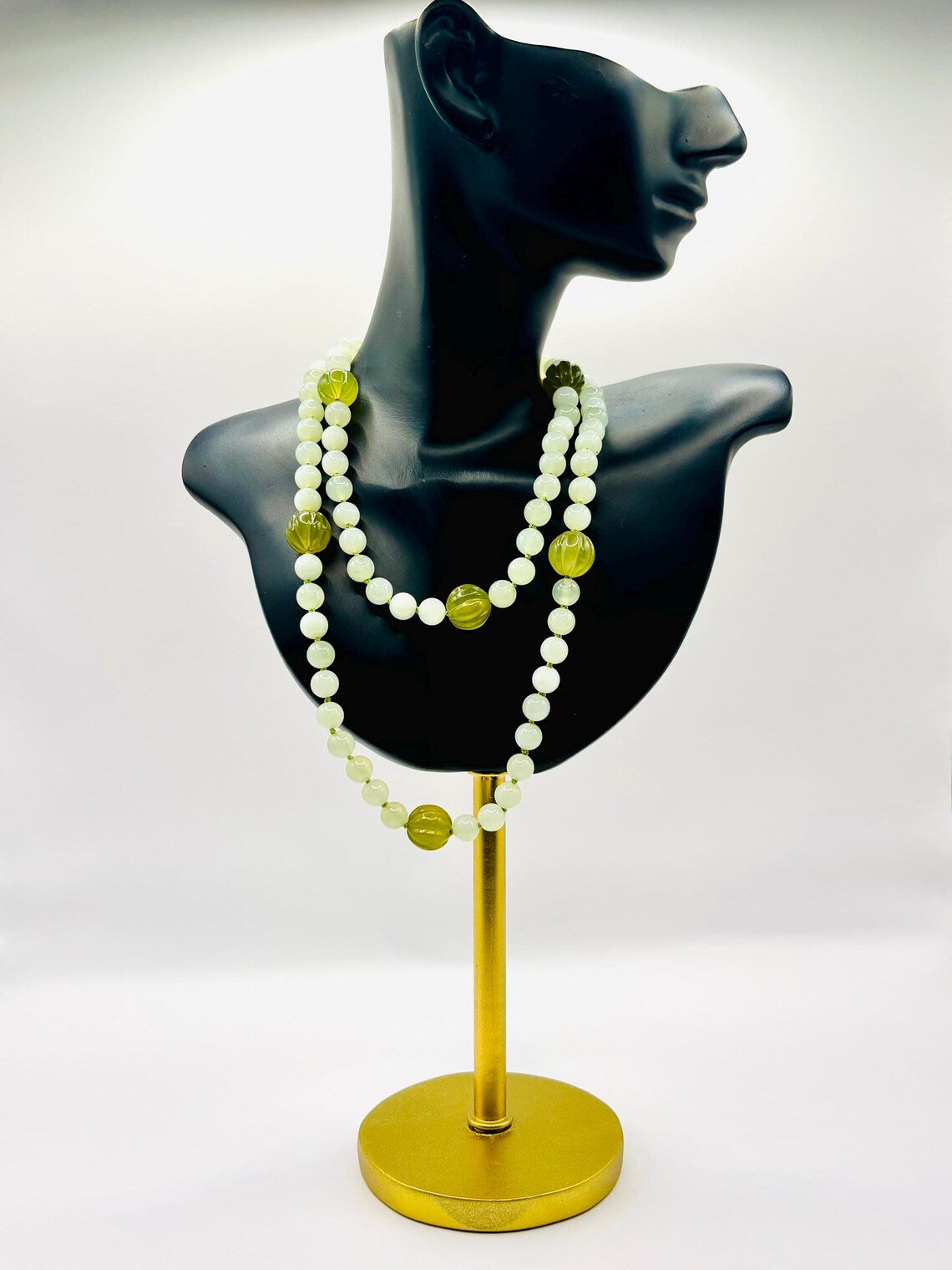 Antique Chinese Icy Jade Opera Necklace, Carved Melon Beads, 15ct Gold Clasp