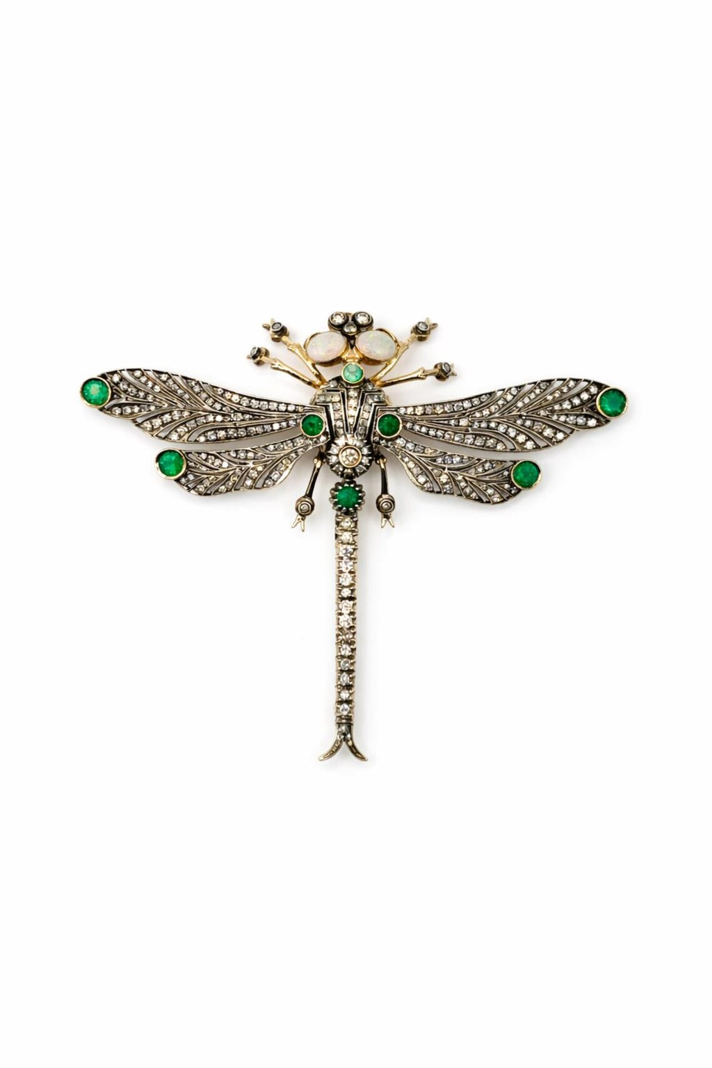 Antique French Diamond, Emerald & Opal En Tremblant Dragonfly Brooch, c.1930–1940