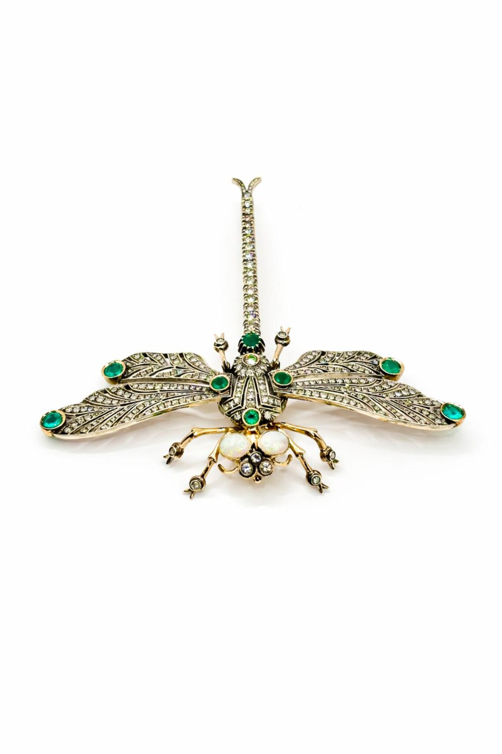Antique French Diamond, Emerald & Opal En Tremblant Dragonfly Brooch, c.1930–1940
